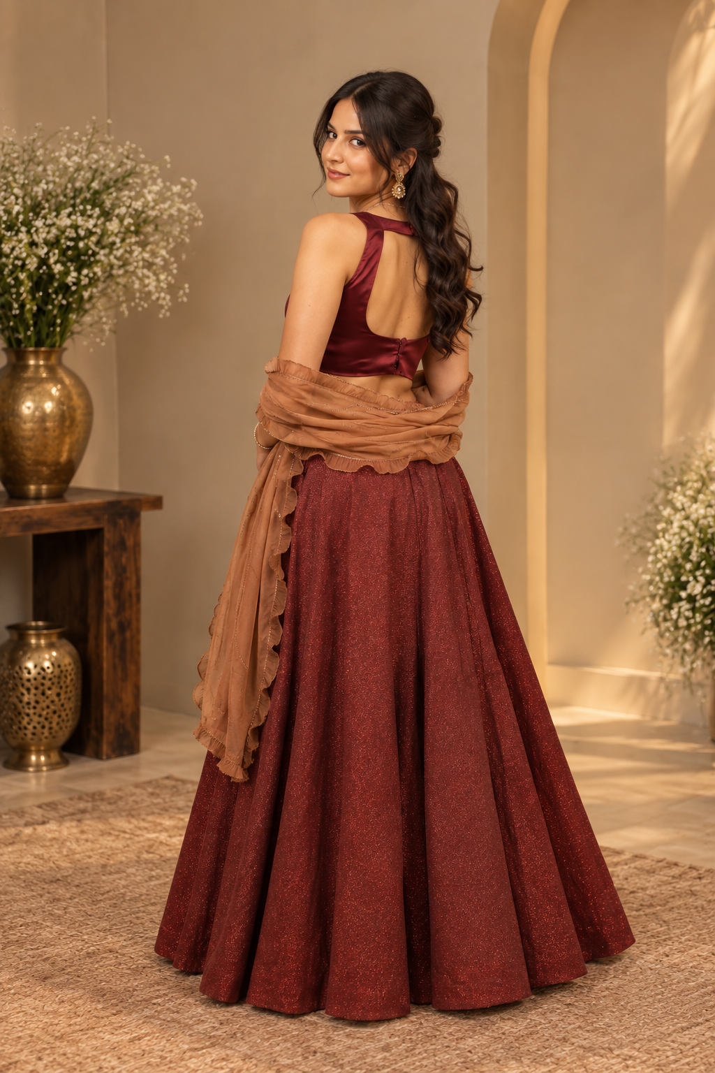 Maroon and Dark Cream Lurex Crush Tissue Lehenga