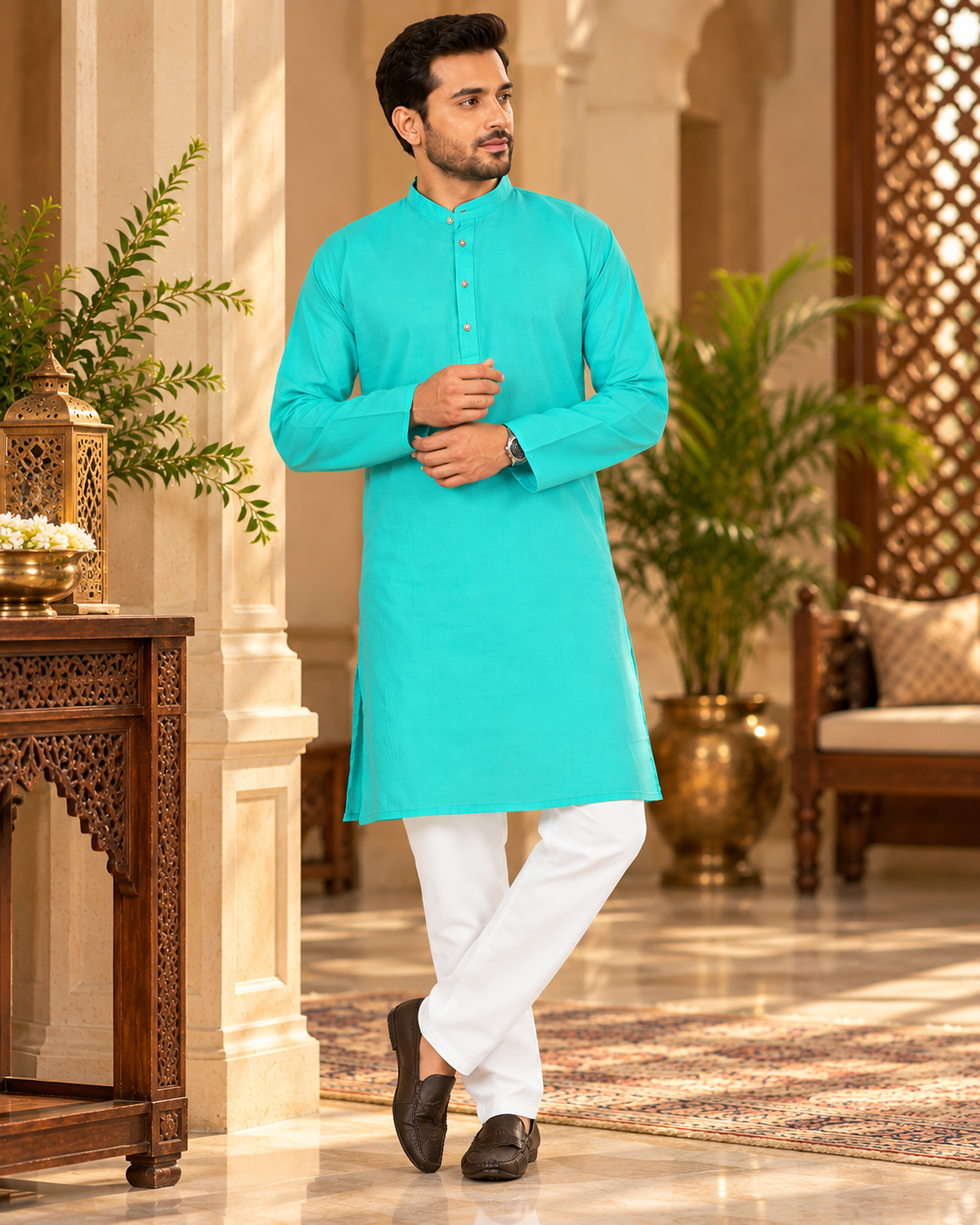 Sea Green Self-Line Kurta