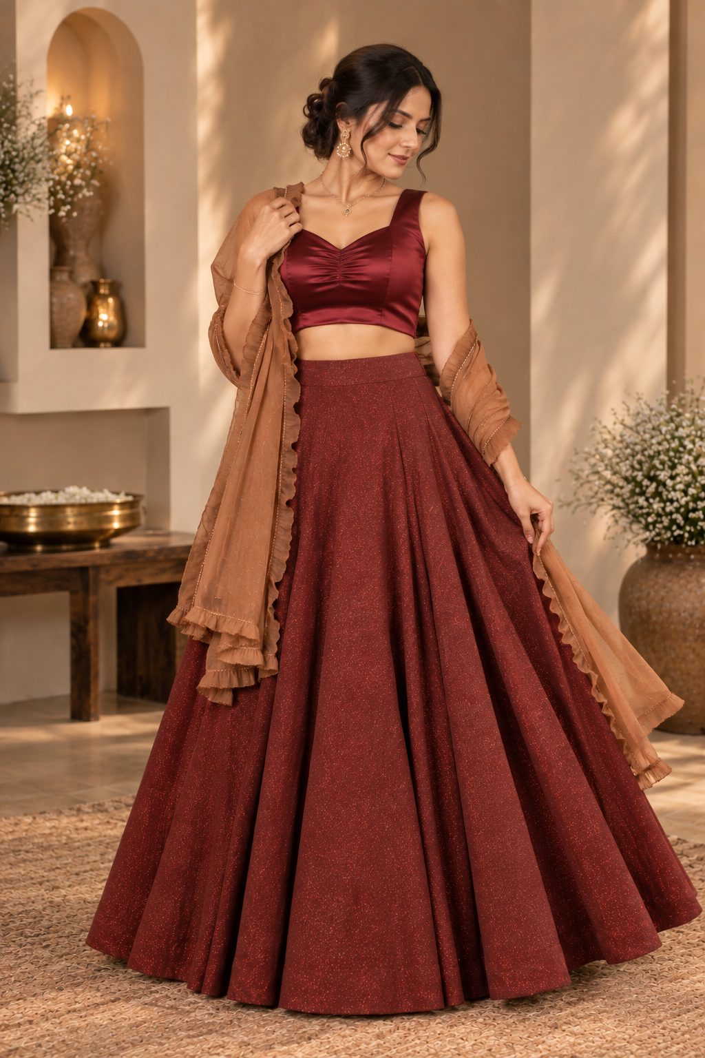Maroon and Dark Cream Lurex Crush Tissue Lehenga