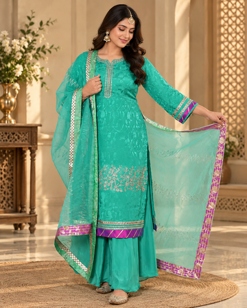 Embroidered Crepe Sharara Suit with Organza Dupatta