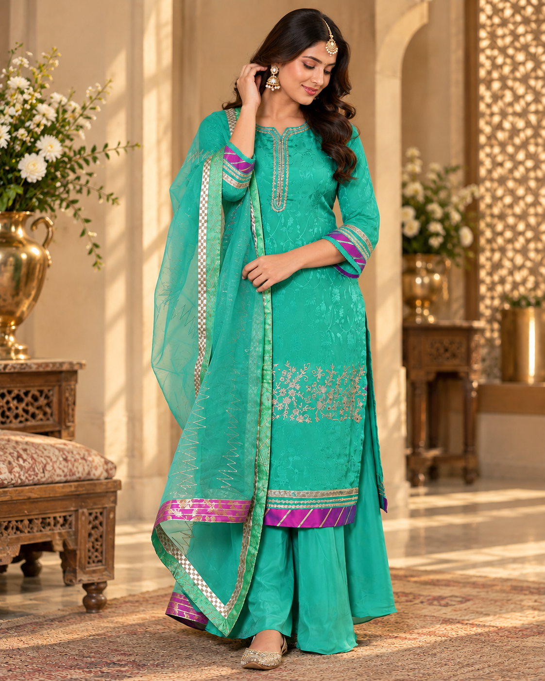 Embroidered Crepe Sharara Suit with Organza Dupatta