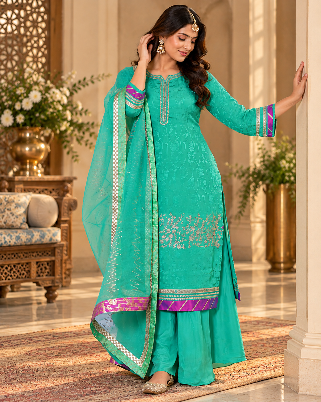 Embroidered Crepe Sharara Suit with Organza Dupatta