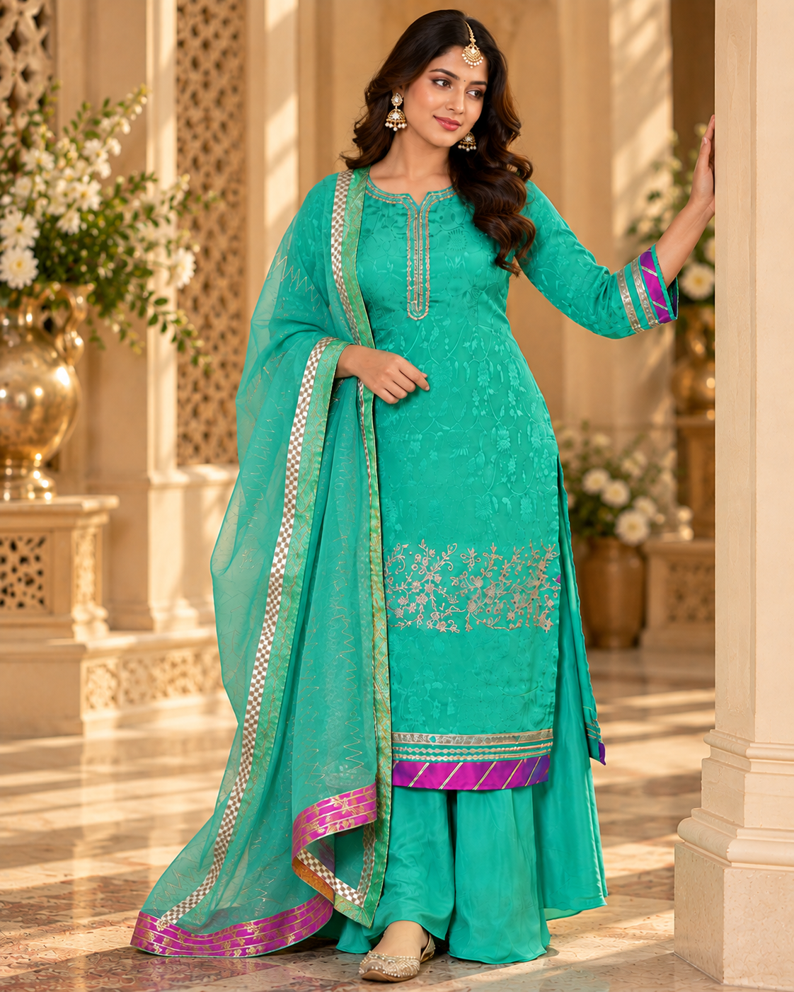 Embroidered Crepe Sharara Suit with Organza Dupatta