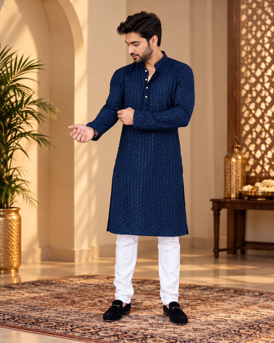 Blue Cotton Mirror Work Kurta with White Pajama