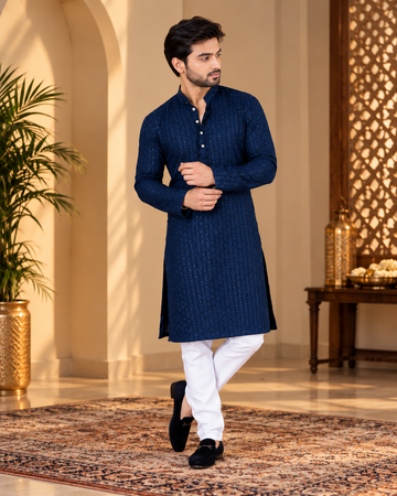 Blue Cotton Mirror Work Kurta with White Pajama
