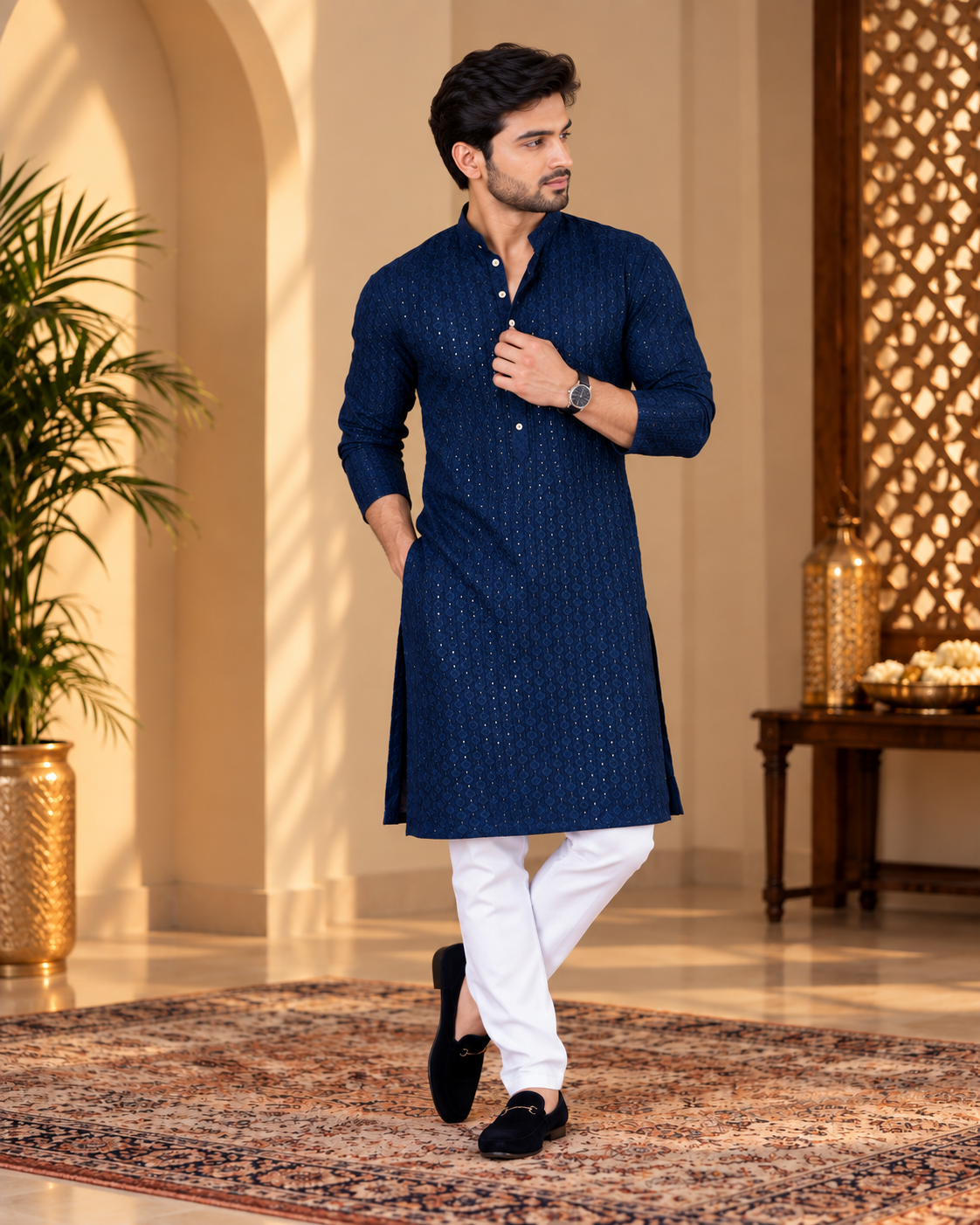 Blue Cotton Mirror Work Kurta with White Pajama
