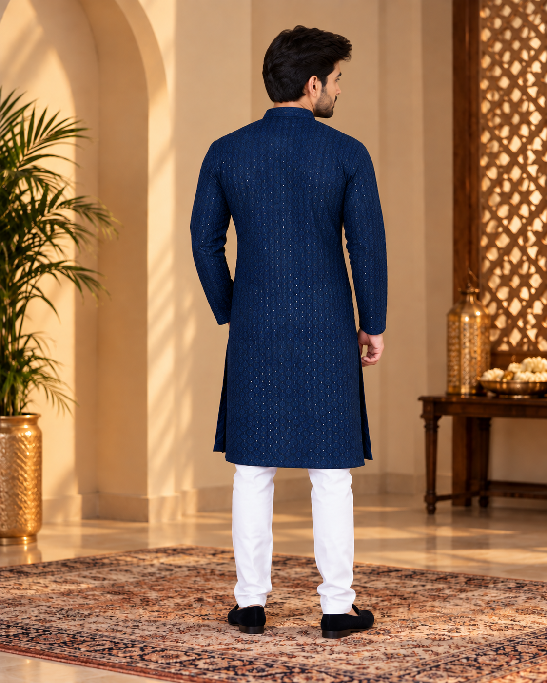Blue Cotton Mirror Work Kurta with White Pajama