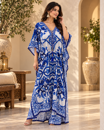 Blue White V-Neck Dori Kaftan