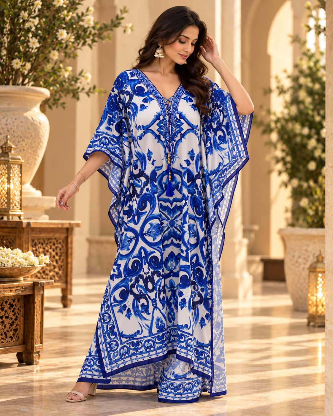 Blue White V-Neck Dori Kaftan