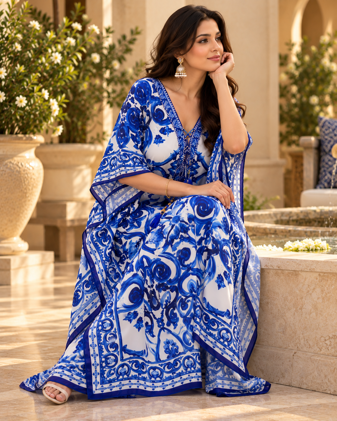 Blue White V-Neck Dori Kaftan