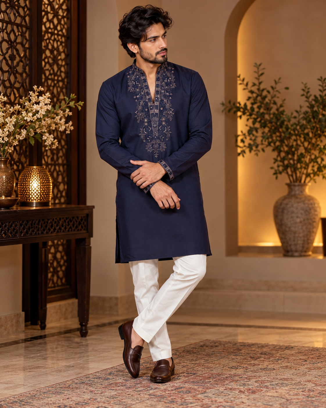 Navy Blue Zari and Thread Embroidery Kurta Set