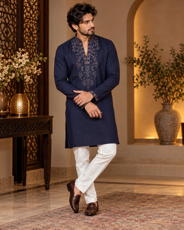Navy Blue Zari and Thread Embroidery Kurta Set