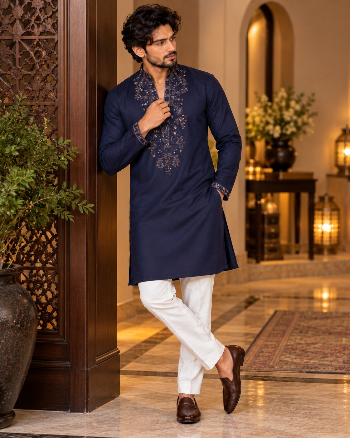Navy Blue Zari and Thread Embroidery Kurta Set