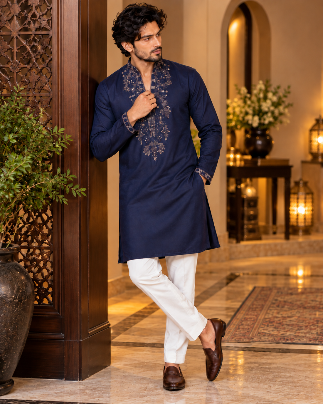 Navy Blue Zari and Thread Embroidery Kurta Set