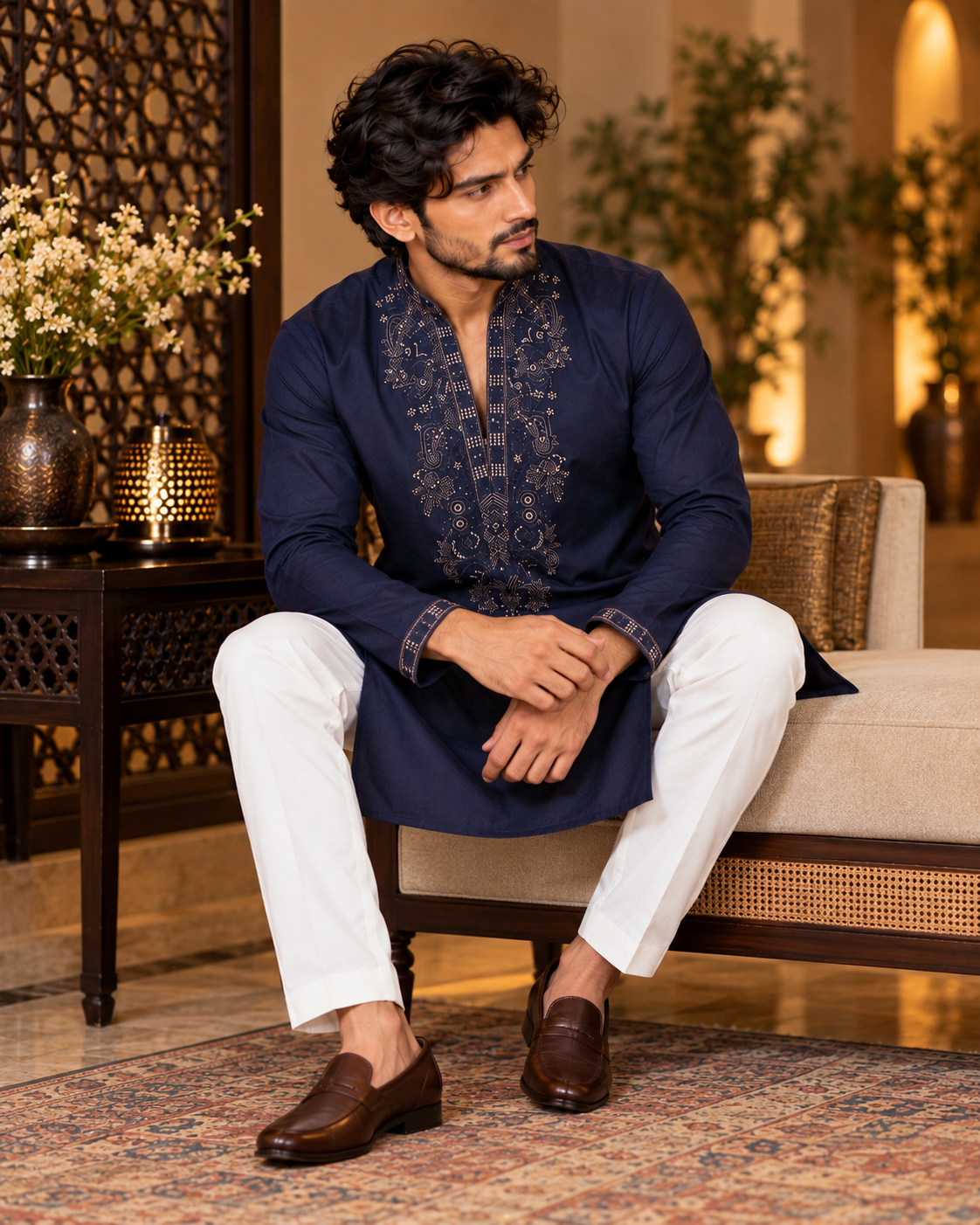Navy Blue Zari and Thread Embroidery Kurta Set