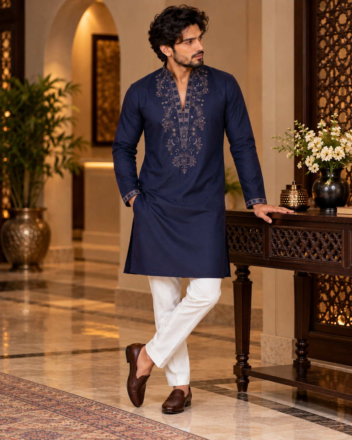 Navy Blue Zari and Thread Embroidery Kurta Set