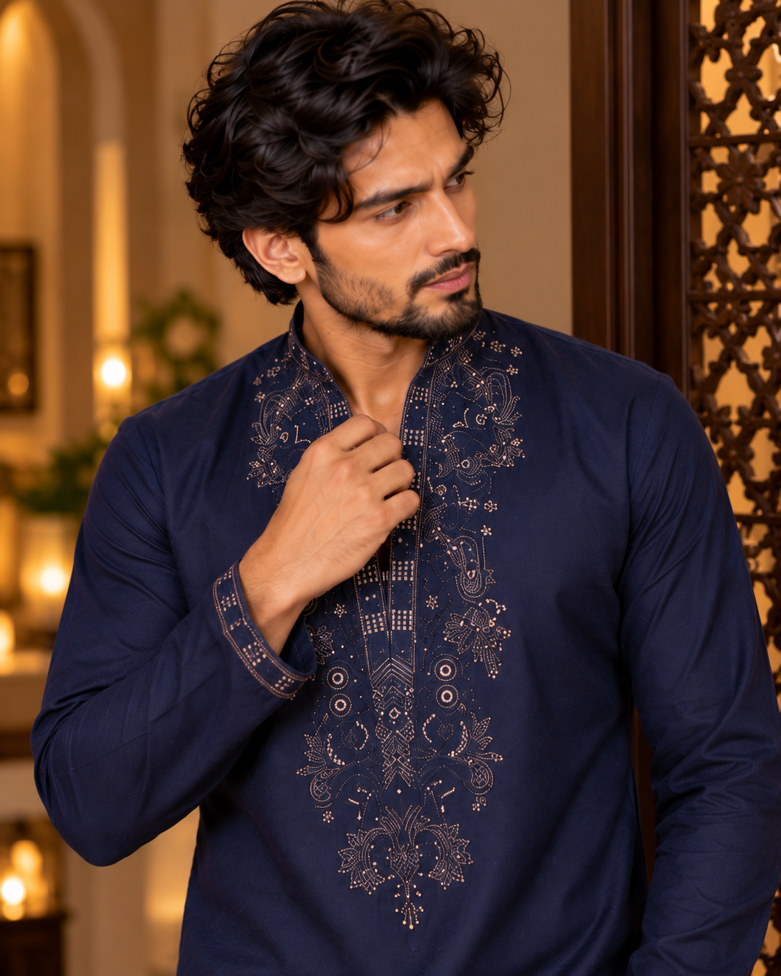 Navy Blue Zari and Thread Embroidery Kurta Set