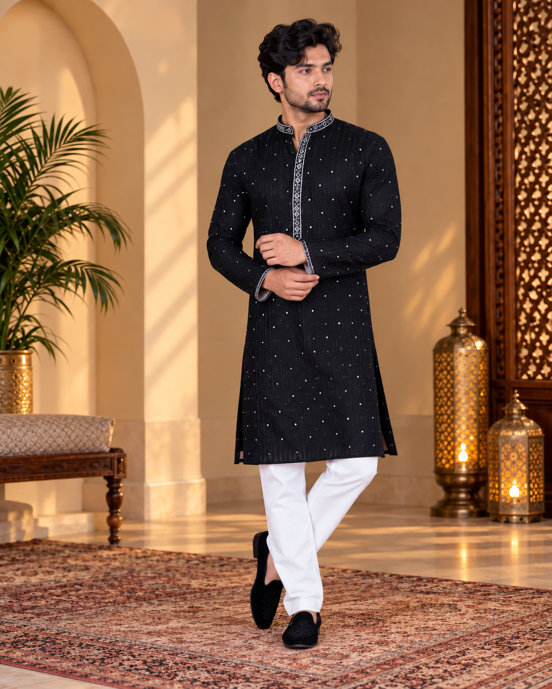 Solid Black Kurta and White Pajama Set