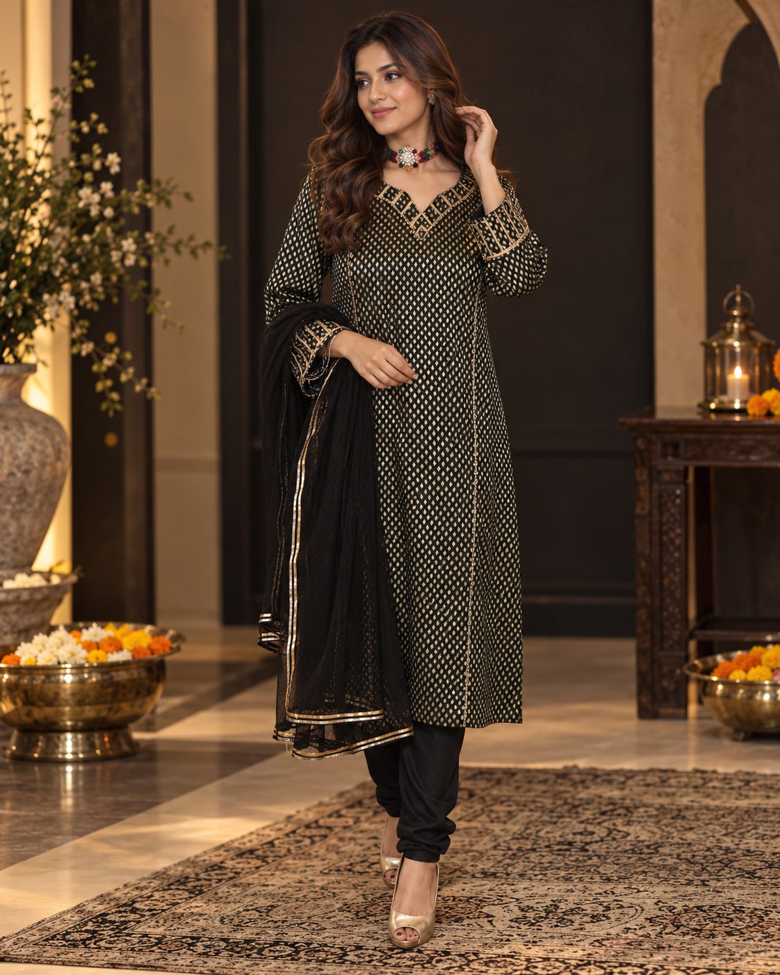Brocade Shirt with Stretch Churidar and Net Dupatta