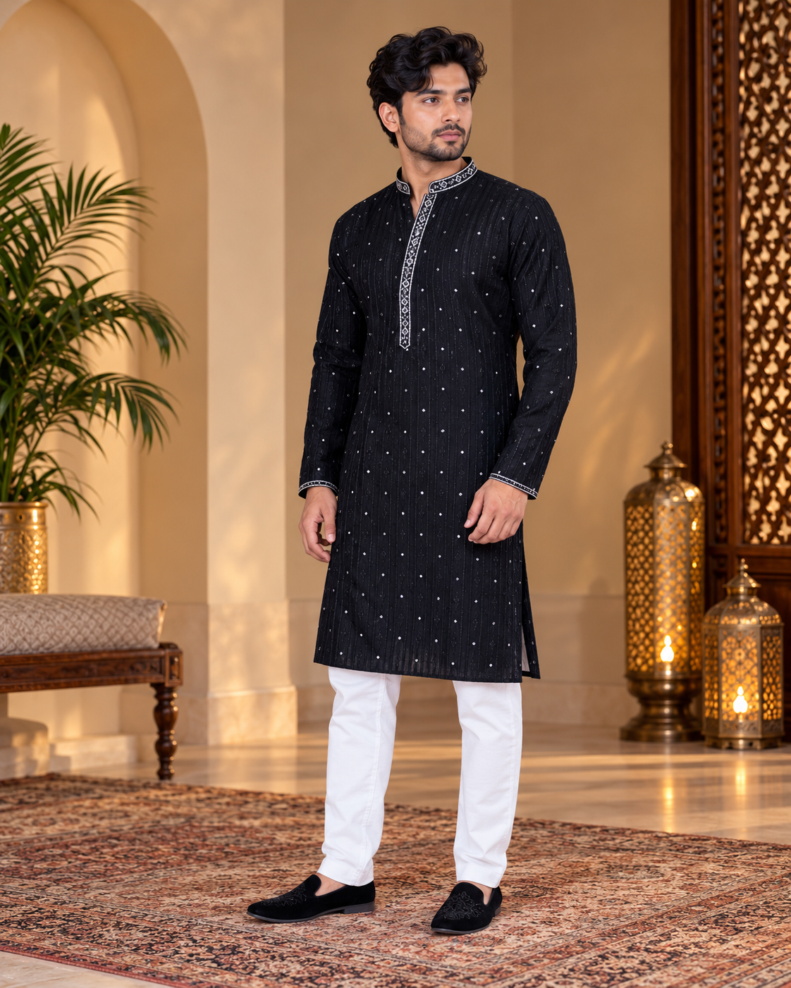 Solid Black Kurta and White Pajama Set
