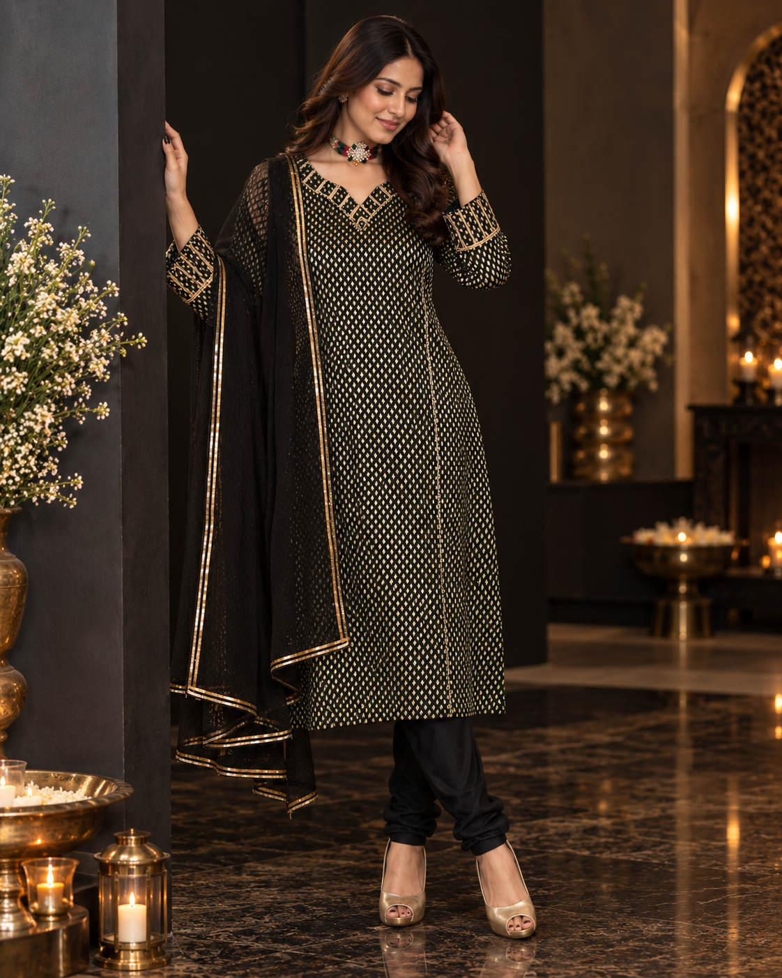Brocade Shirt with Stretch Churidar and Net Dupatta