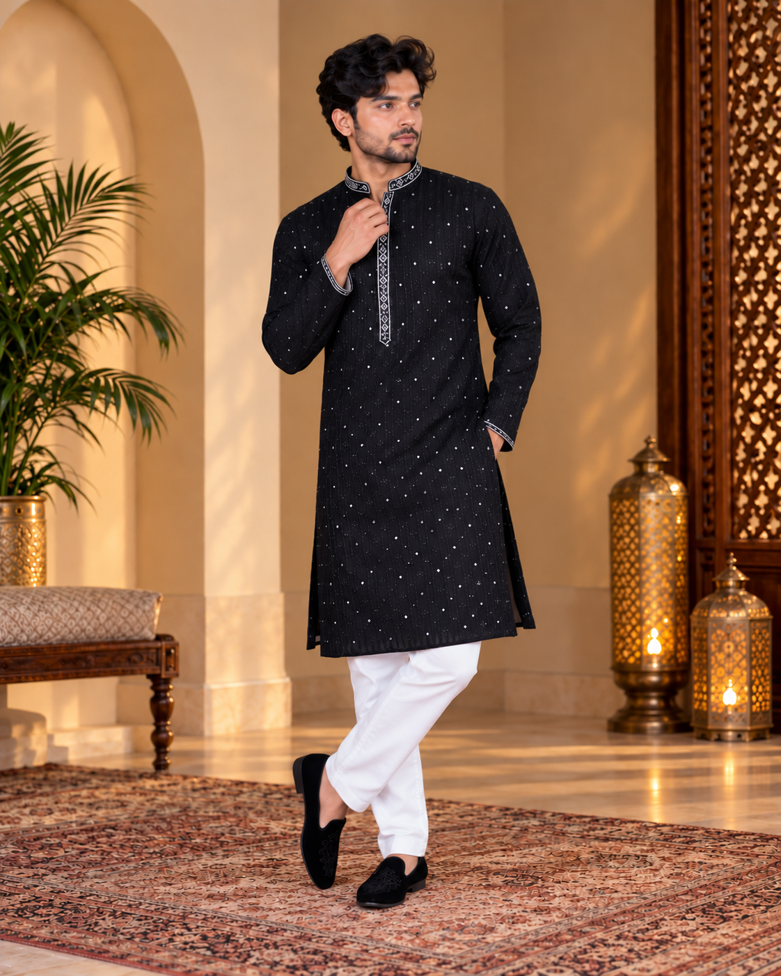 Solid Black Kurta and White Pajama Set