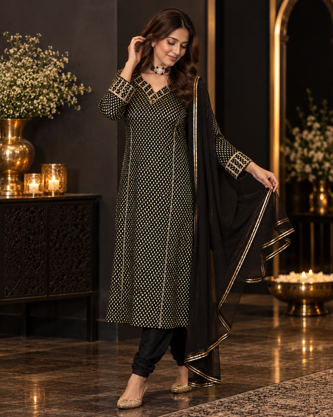 Brocade Shirt with Stretch Churidar and Net Dupatta