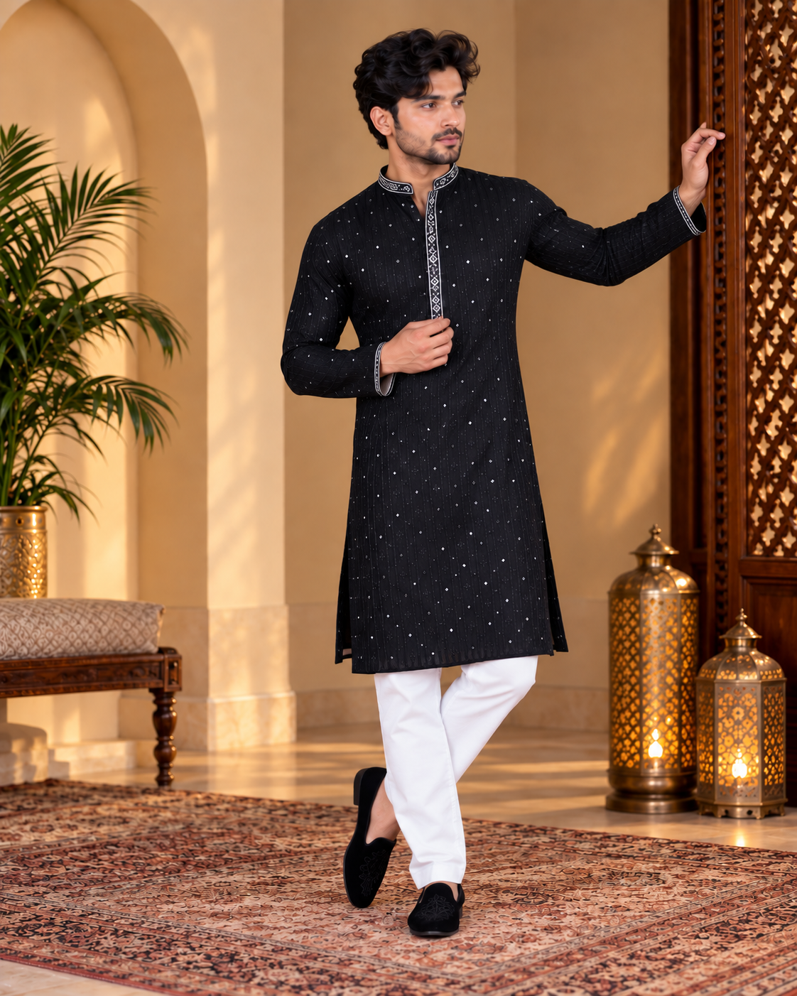 Solid Black Kurta and White Pajama Set