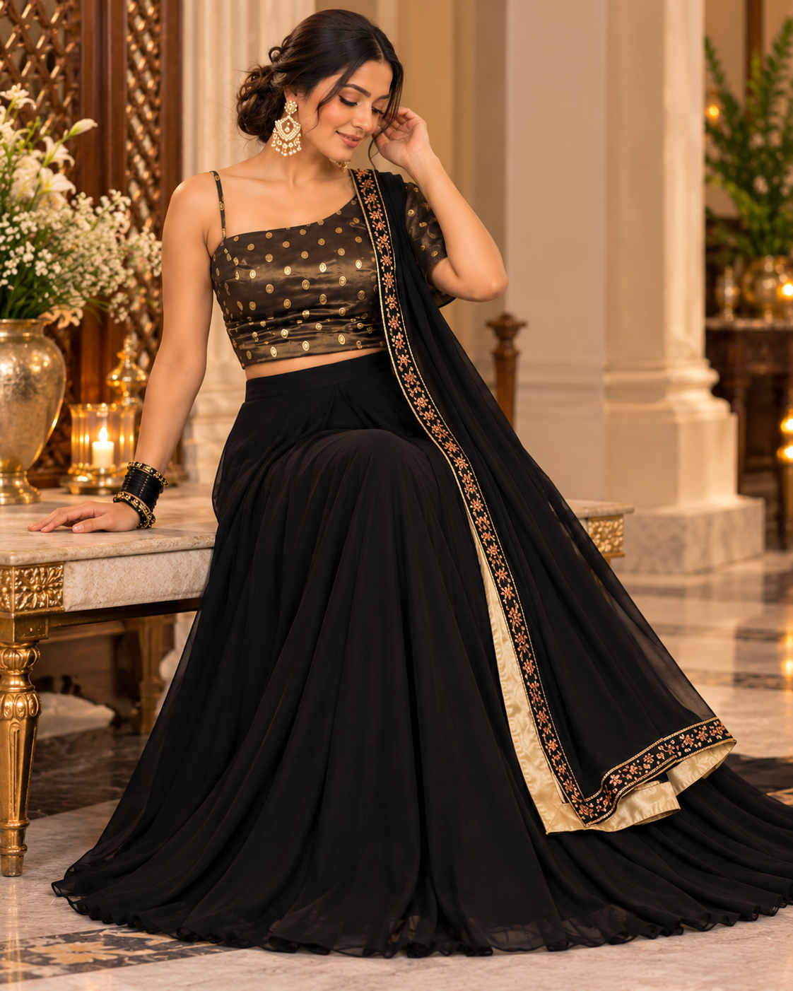 Elegant Black Tissue One-Shoulder Sharara Set