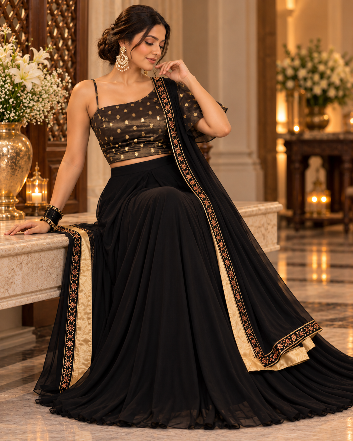 Elegant Black Tissue One-Shoulder Sharara Set