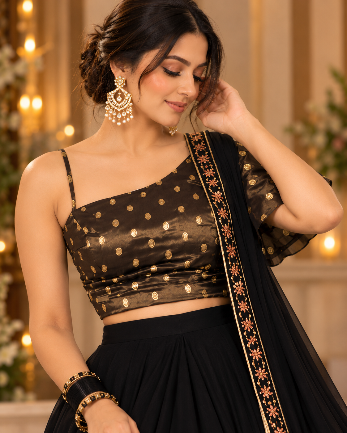 Elegant Black Tissue One-Shoulder Sharara Set