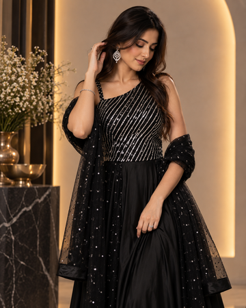 Glamorous Black Satin Lehenga
