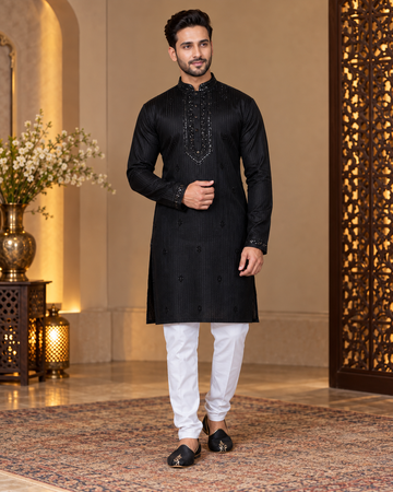 Black Sequin and Thread Embroidery Kurta Set