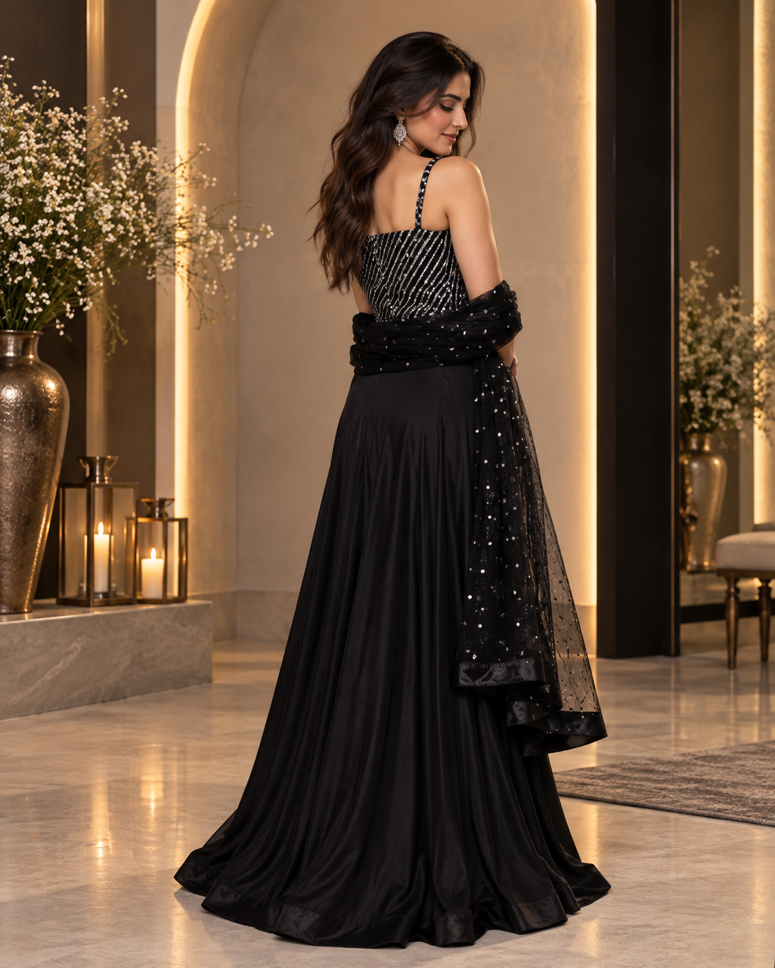 Glamorous Black Satin Lehenga