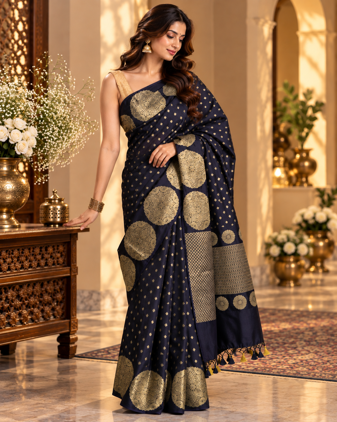 Navy Blue Semi Silk Katan Saree