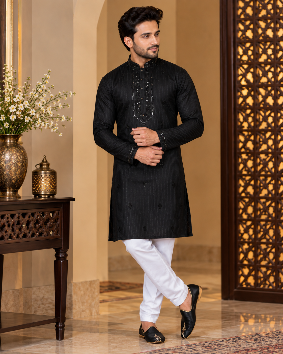 Black Sequin and Thread Embroidery Kurta Set