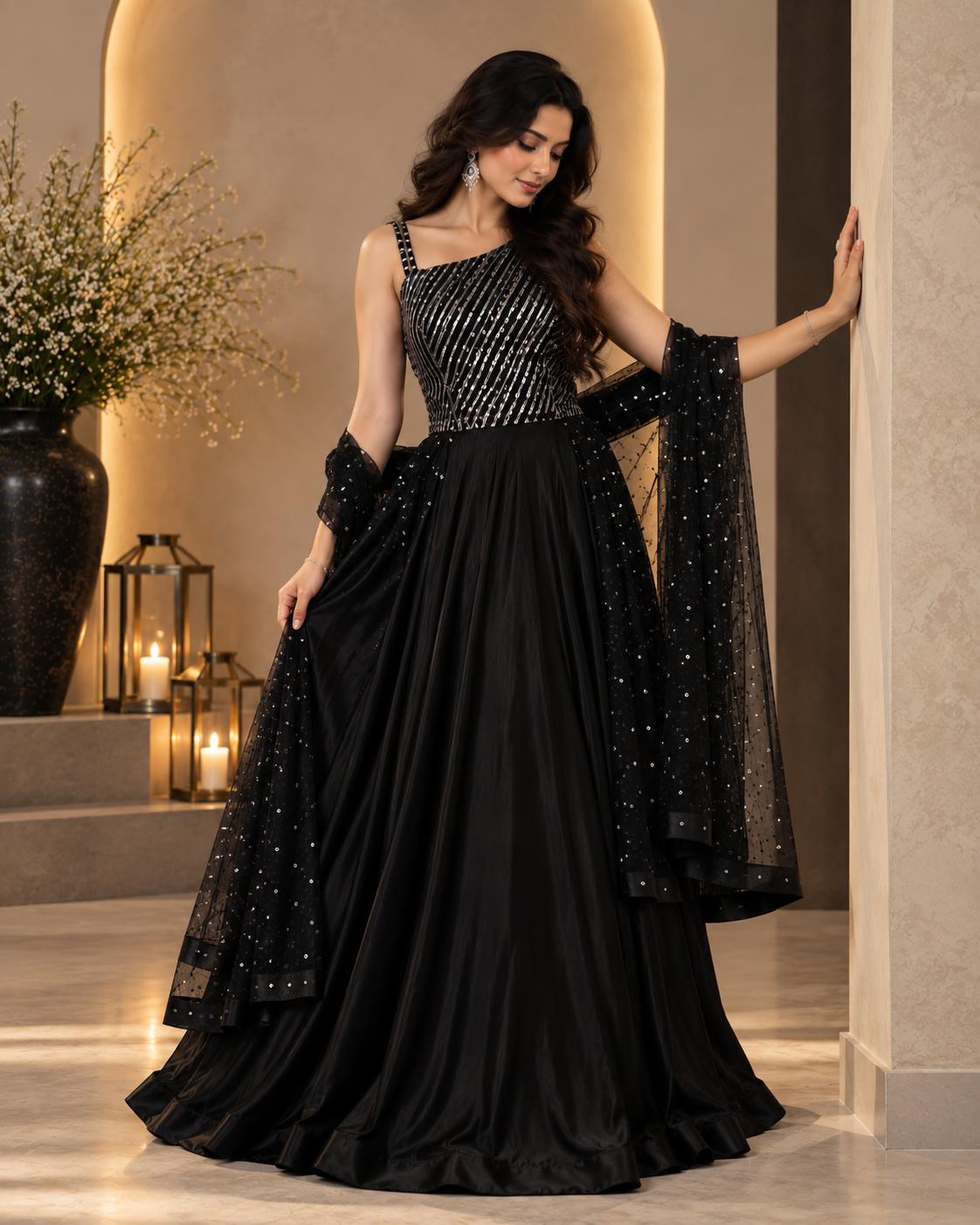 Glamorous Black Satin Lehenga