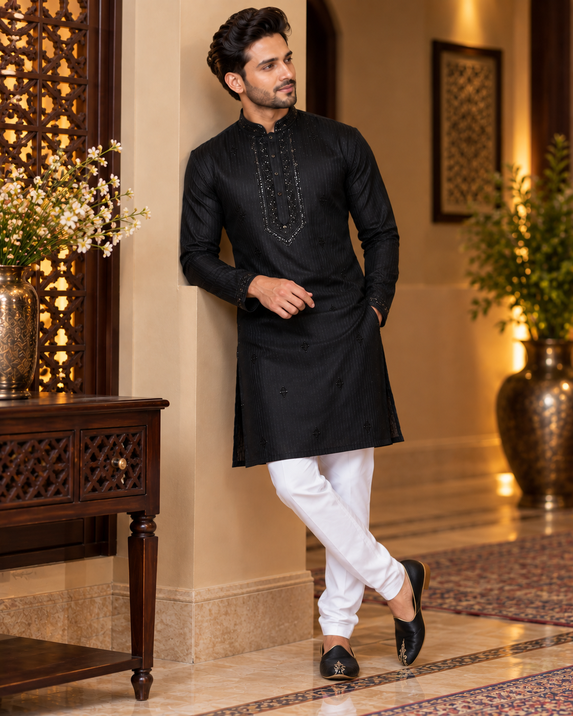 Black Sequin and Thread Embroidery Kurta Set