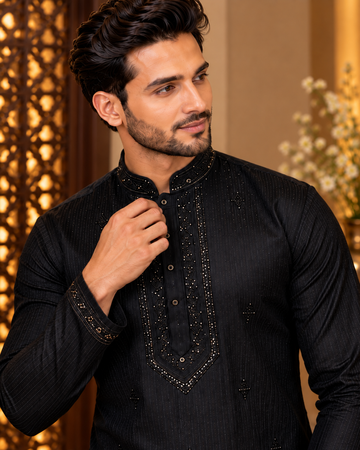 Black Sequin and Thread Embroidery Kurta Set