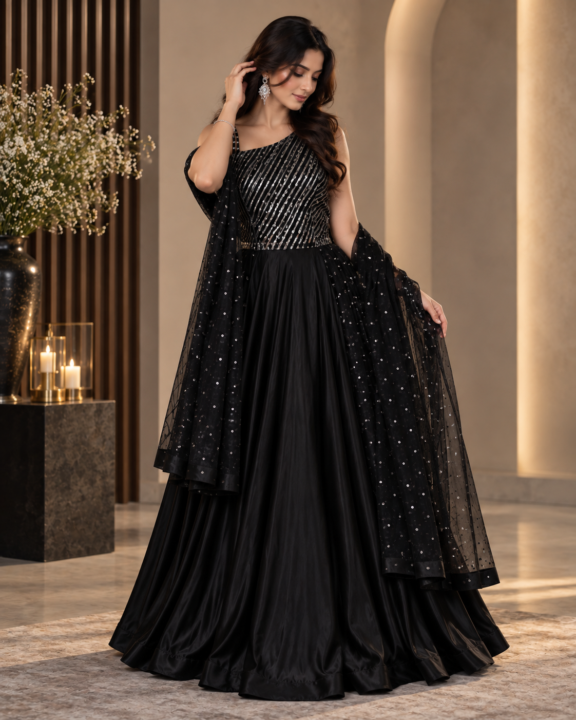 Glamorous Black Satin Lehenga