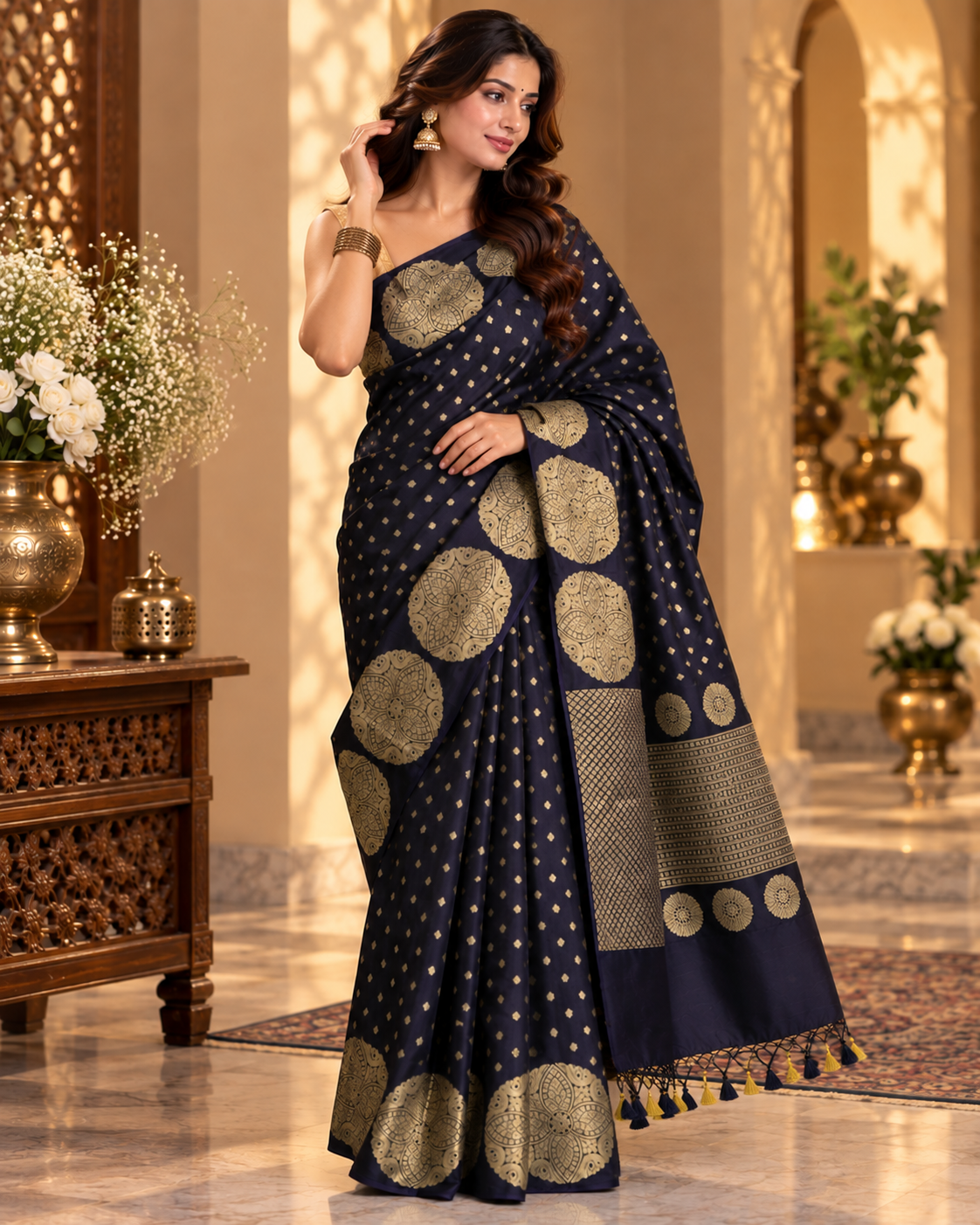 Navy Blue Semi Silk Katan Saree