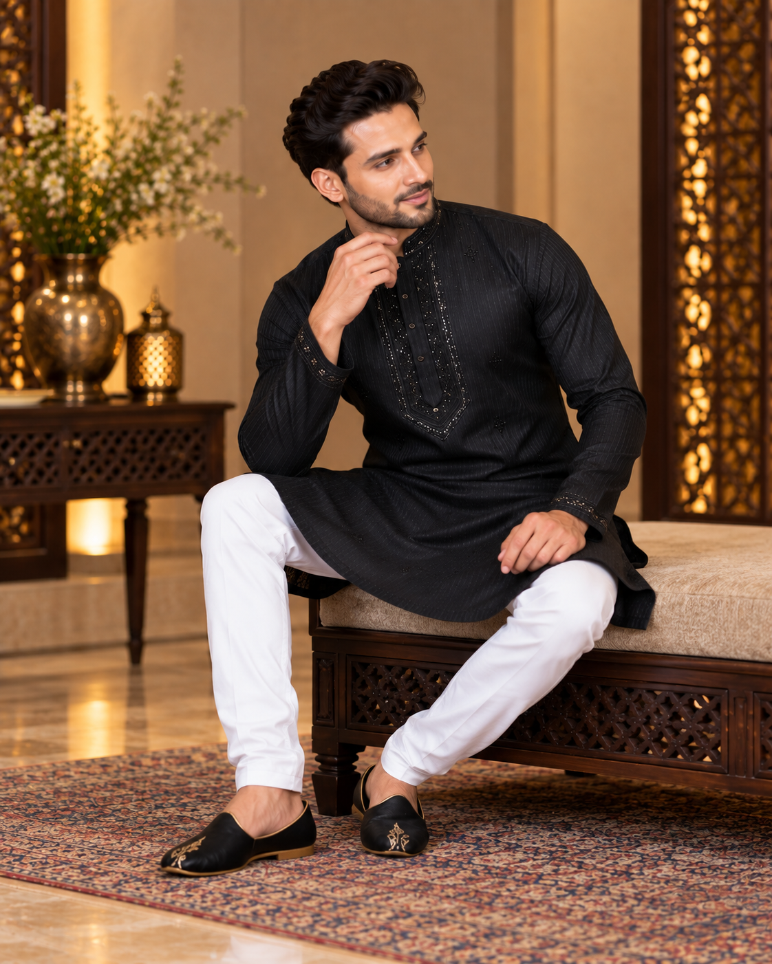 Black Sequin and Thread Embroidery Kurta Set