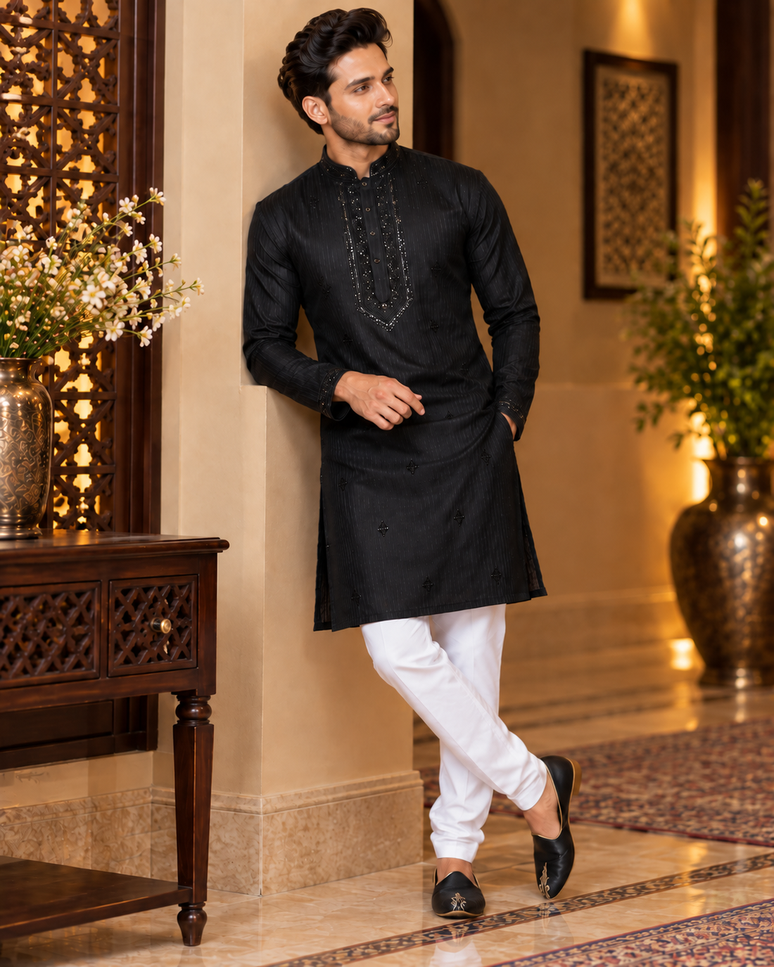 Black Sequin and Thread Embroidery Kurta Set