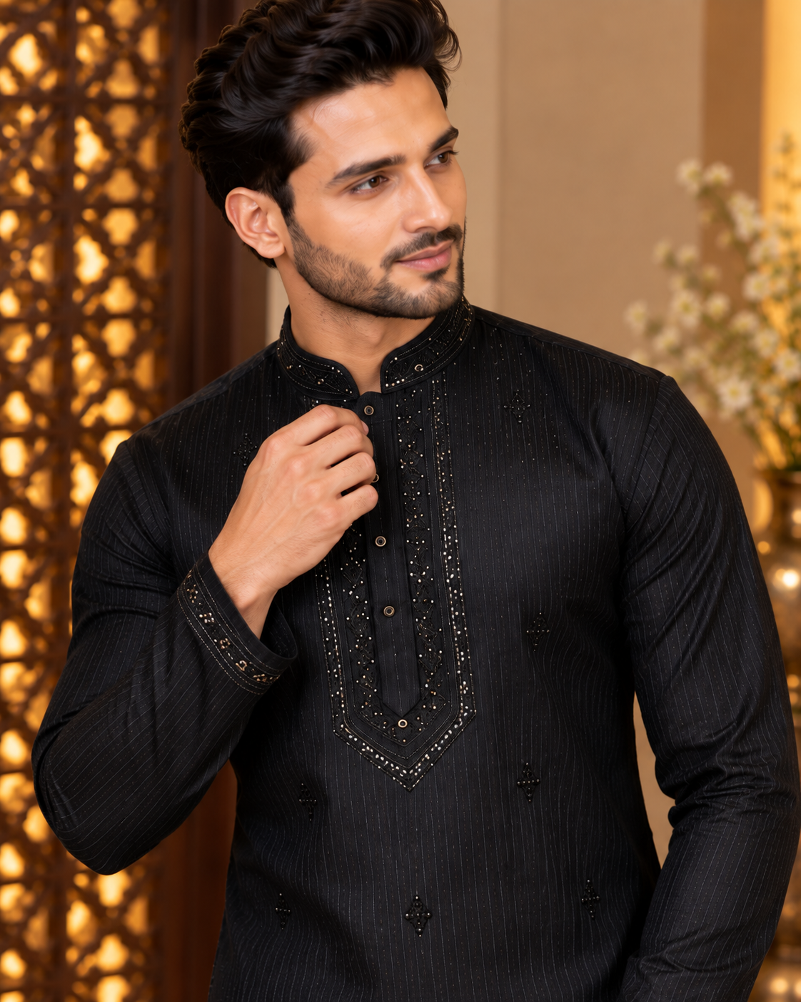 Black Sequin and Thread Embroidery Kurta Set