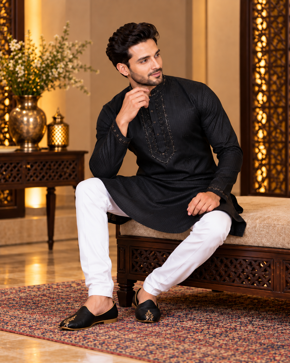 Black Sequin and Thread Embroidery Kurta Set