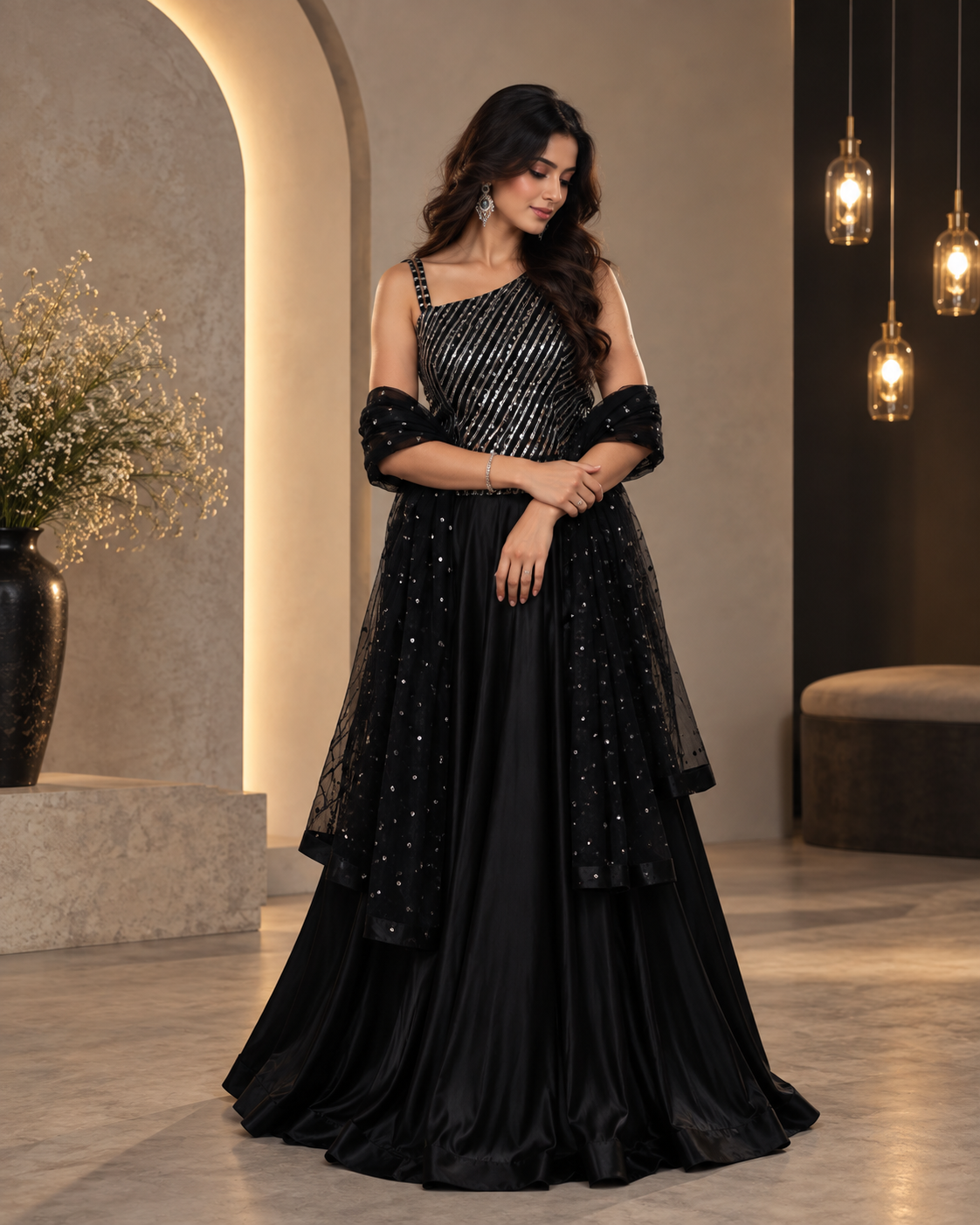 Glamorous Black Satin Lehenga