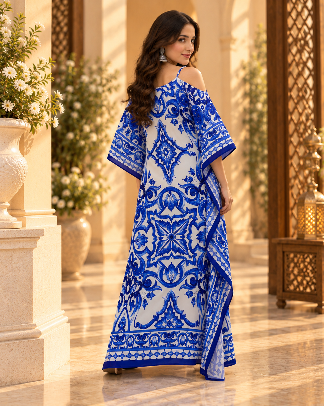 Blue & White Print Cold Shoulder Kaftan
