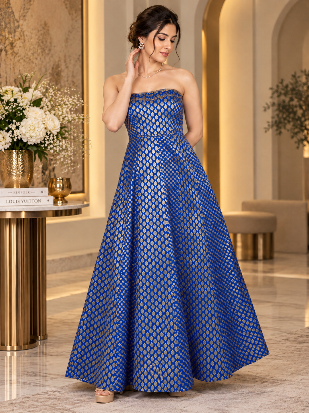 Royal Blue Mirror Work Off-Shoulder Dress