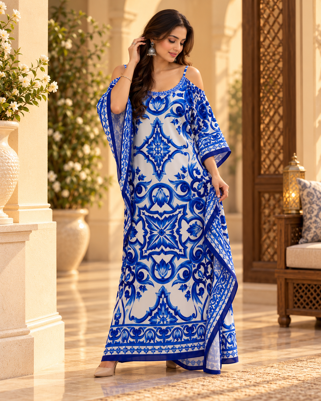 Blue & White Print Cold Shoulder Kaftan