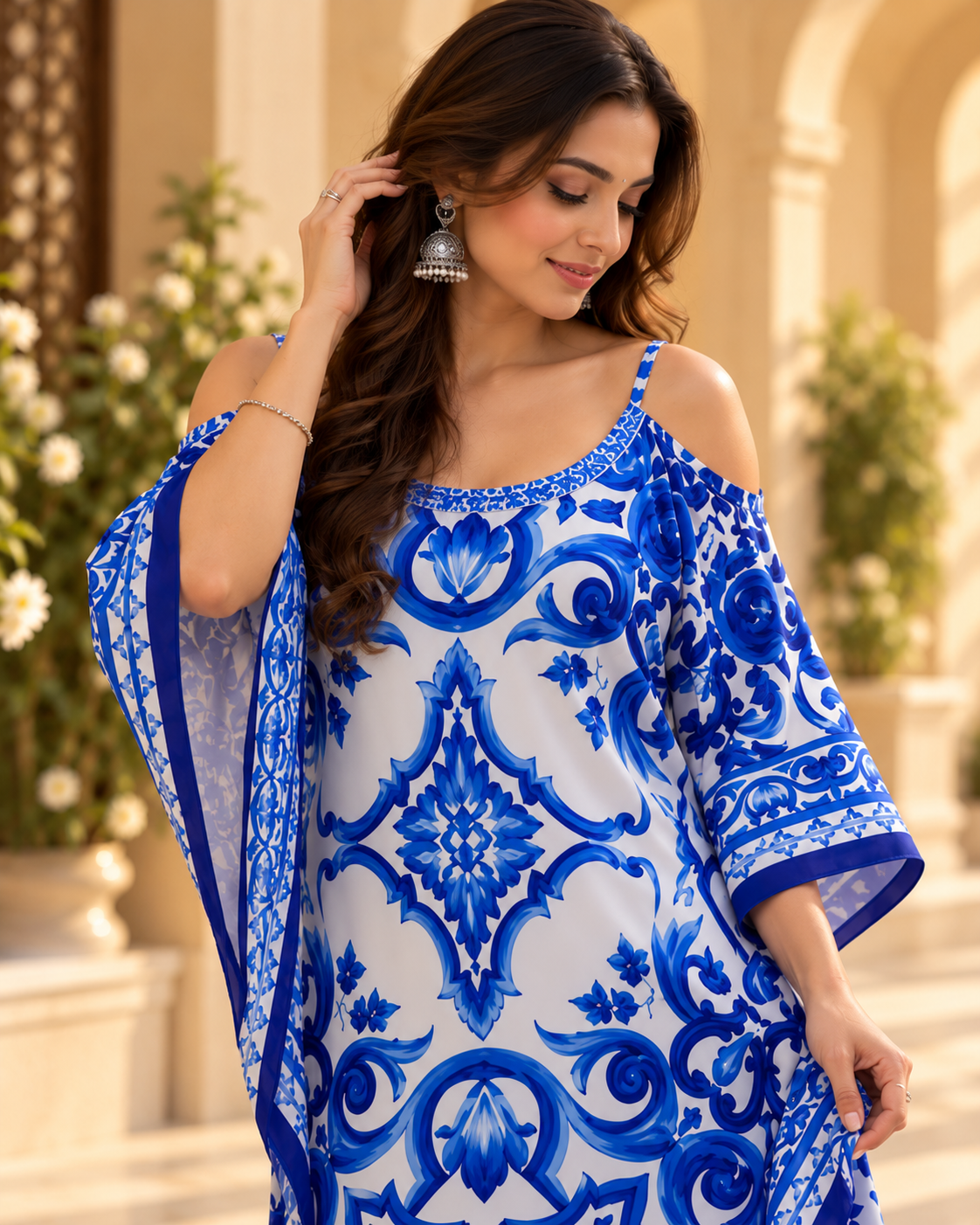 Blue & White Print Cold Shoulder Kaftan